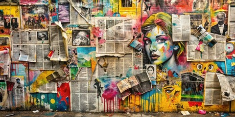 Naklejka premium Graffiti street art collage of grunge newspapers and paint splash , graffiti, street art, collage, grunge, newspapers