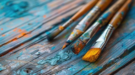 Obraz premium Artistic paintbrushes and paints on weathered wooden surface with selective focus