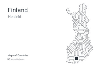 White vector map of Finland created from a microchip pattern, with the capital Helsinki depicted as a microchip