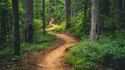 Fototapeta premium A view of a hiking trail winding through a forest, promoting the benefits of outdoor exercise and exploration.