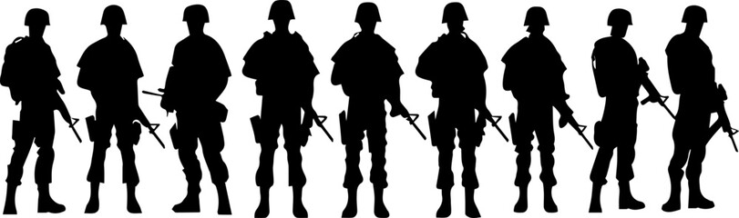 A group of soldiers stand in a line, all wearing the same uniform