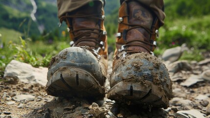 A close-up of a pair of hiking boots with worn soles, representing the miles covered and the terrain conquered during outdoor adventures.