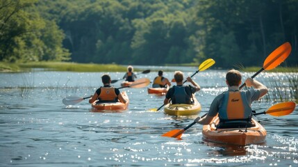 A view of a group of friends kayaking on a lake, showcasing the enjoyment and camaraderie of outdoor activities.