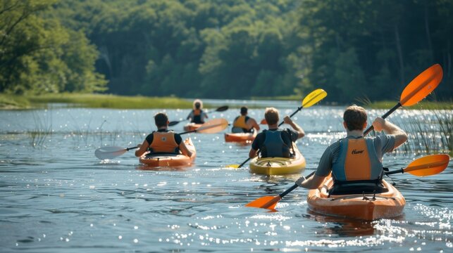 A view of a group of friends kayaking on a lake, showcasing the enjoyment and camaraderie of outdoor activities.