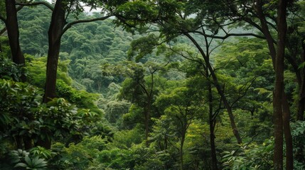 A view of a forest with a canopy of trees, promoting the benefits of forest bathing and connecting with nature.