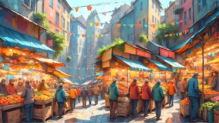 coloured cartoon style illustration, bustling market with sketchy lines and vibrant colors. 1