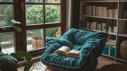 A view of a quiet room with a comfortable chair and a book, promoting the creation of a relaxing space for reading and unwinding.