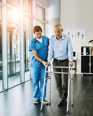 Physiotherapist, senior man and walking frame with help, balance and guide for steps in hospital....