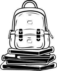 A backpack is on top of a stack of books