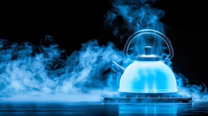 Ethereal blue kettle emitting mystical steam in a captivating and enchanting display
