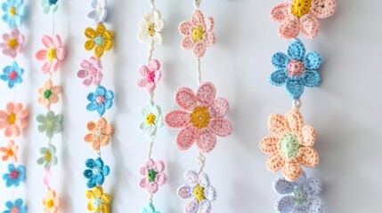 Colorful crochet spring flower garland, delicate floral patterns, hanging against a white wall, pastel colors, cheerful and festive home decor
