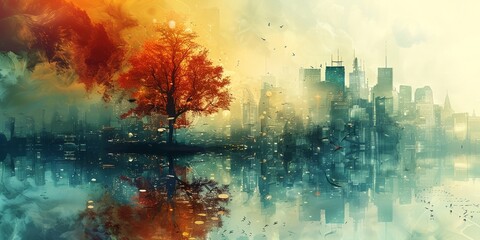 Fototapeta premium Surreal Tree in Modern Cityscape Reflection Art