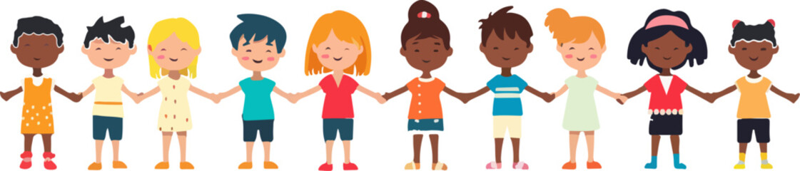 A group of children holding hands in a row