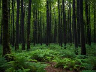 Obraz premium a forest with a path through the trees and ferns Enchanting Forest Green Captivating Images 