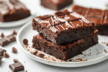 delicious chocolate brownies with melted fudge on a white plate