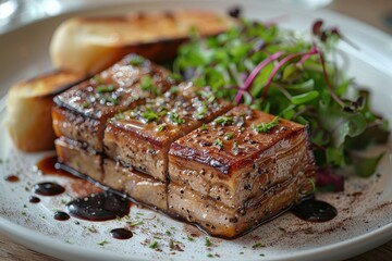 A plate of foie gras terrine with a slice of toasted brioche, served alongside a small salad of microgreens and a balsamic reduction. 