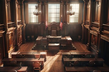 A empty courtroom with a flag hanging from the ceiling, ideal for representing a sense of justice or freedom
