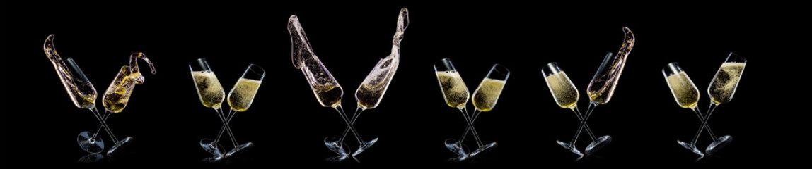 Set of luxury champagne glasses with splashes on isolated on a black background