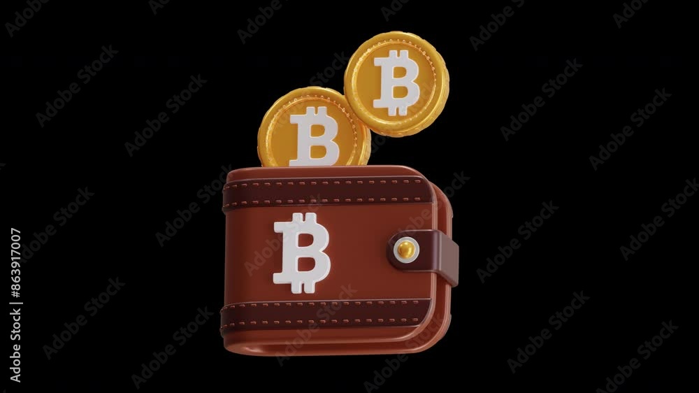 Poster 3d animation of bitcoin wallets store currency | alpha channel