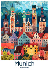 Munich Germany Poster Illustration Travel Print Decor Gift Paper Canvas Wall Retro Art