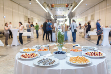 Blurred image of businesspeople at coffee break with catering at conference meeting.