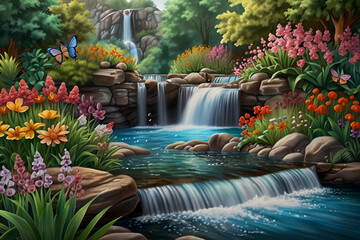 a painting of a waterfall with butterflies and butterflies Serene Garden Oasis Detailed Adult Color