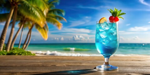 Obraz premium Blue hawaii soda cocktail on blur tropical beach and blue sky background, summer, holiday, drink, cocktail