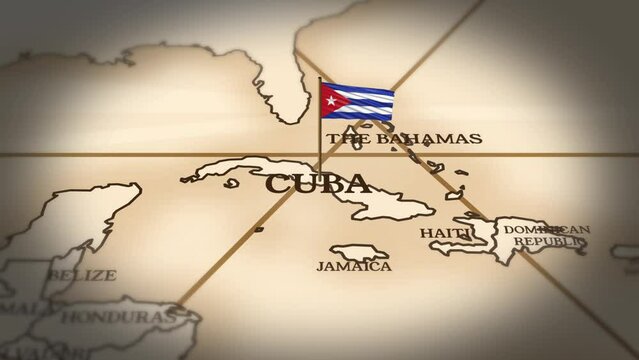 Cuba flag showing on world map with 3D rendering