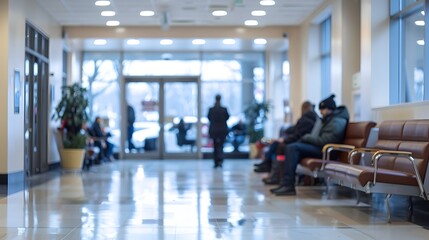 Bank Lobby Interior with Blurred Customers and Copy Space