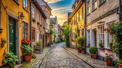 Naklejka premium Narrow cobblestone street in the charming old town , Old buildings, historic, vintage, architecture, alleyway