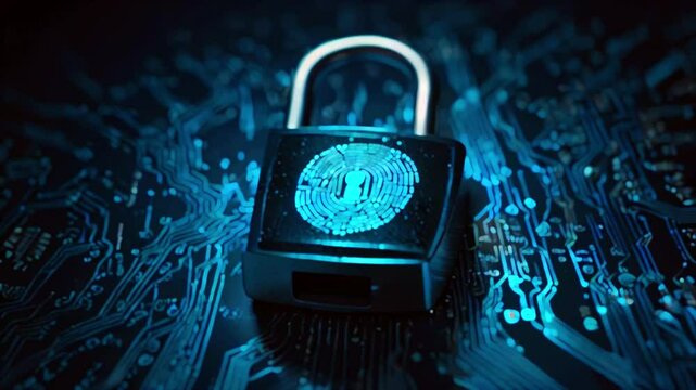 A blue padlock with a fingerprint on it.