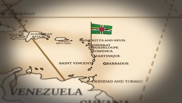Dominica flag showing on world map with 3D rendering
