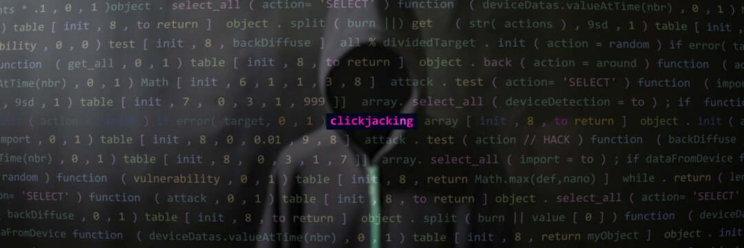 Cyber attack clickjacking text in foreground screen, Anonymous hacker hidden with hoodie in the blurred background. Vulnerability text in binary, code on editor screen. Text in English