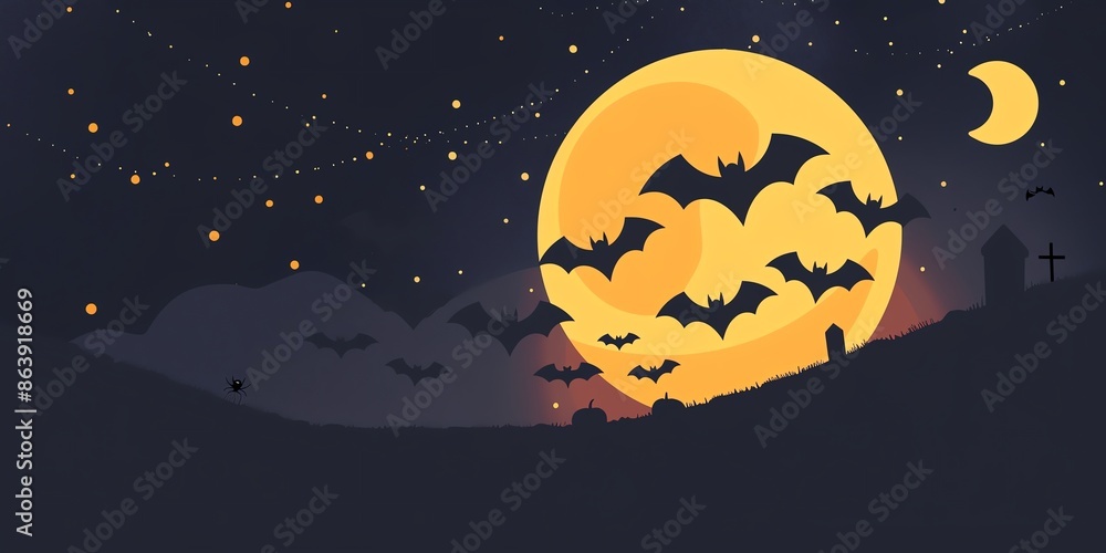 Poster half moon with bats flat design side view theme halloween animation tetradic color scheme
