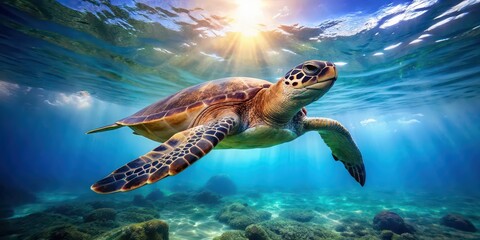 Obraz premium Majestic sea turtle swimming gracefully in the ocean, marine life, underwater, aquatic, wildlife
