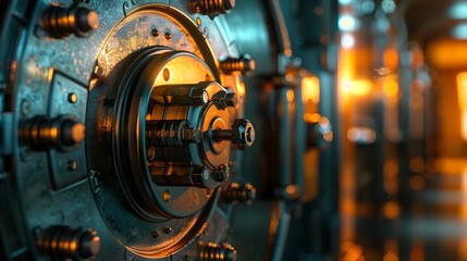 Obraz premium Shallow Depth of Field View of a Heavily Fortified Bank Vault Door with Glowing Metallic Accents