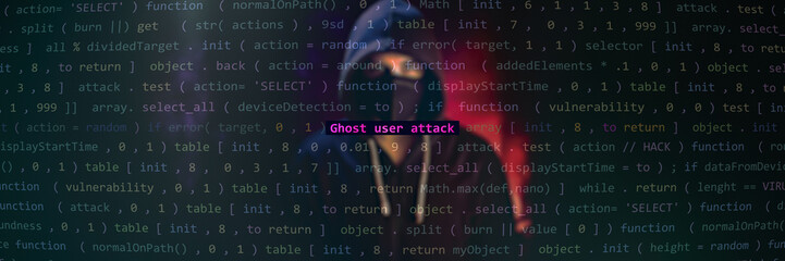 Cyber attack ghost user attack text in foreground screen, Anonymous hacker hidden with hoodie in...