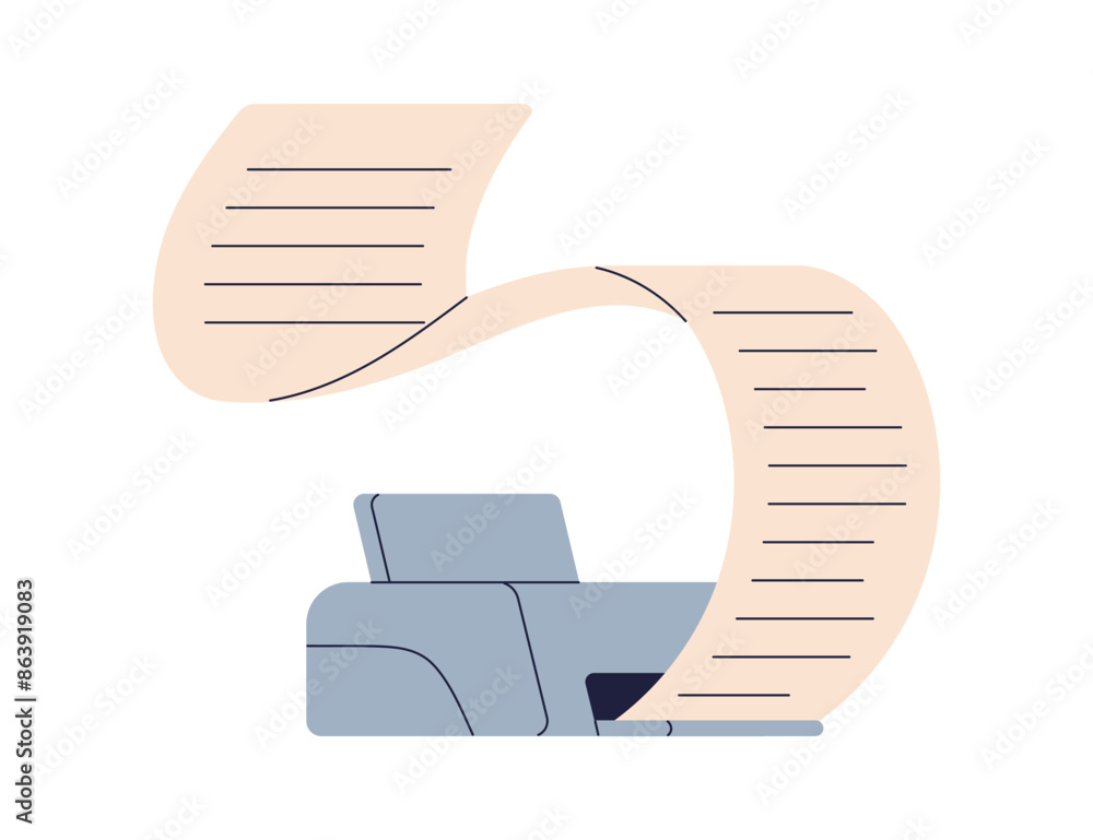 Poster printer and long printout. printing paper sheet, document in process. office machine, work equipment