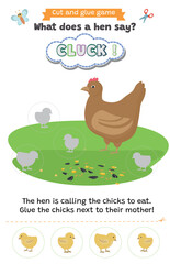 Fototapeta premium Learning animal sounds. Cut and glue educational children game. What does a hen say? cluck cluck. Matching shadow game worksheet for kids. 