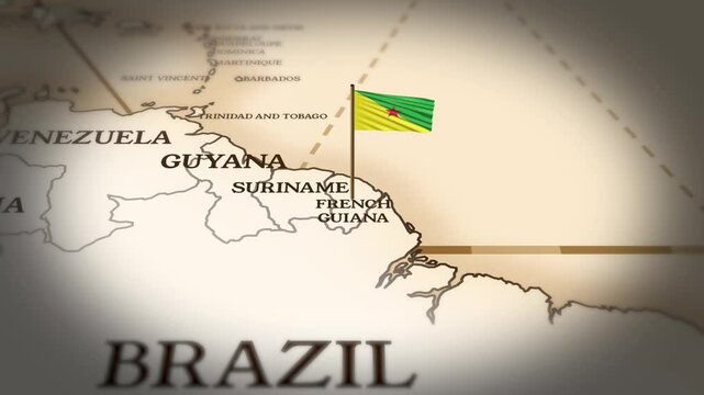 French guiana flag showing on world map with 3D rendering