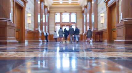 Blurred Entrance to a Courtroom with People Moving Through the Imposing Hallway