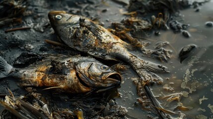 Oilcovered fish gasping for air on a polluted beach, surrounded by debris, Realism, Dark Tones, High Detail