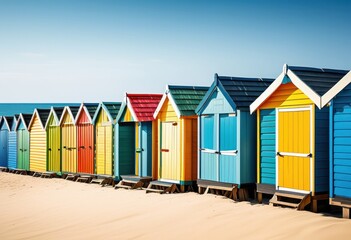 Naklejka premium vibrant beach huts aligned row sandy coastal summer scene, colorful, colors, oceanfront, picturesque, seaside, vacation, waterfront, tropical, bungalows