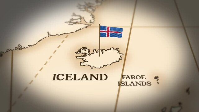 Iceland flag showing on world map with 3D rendering