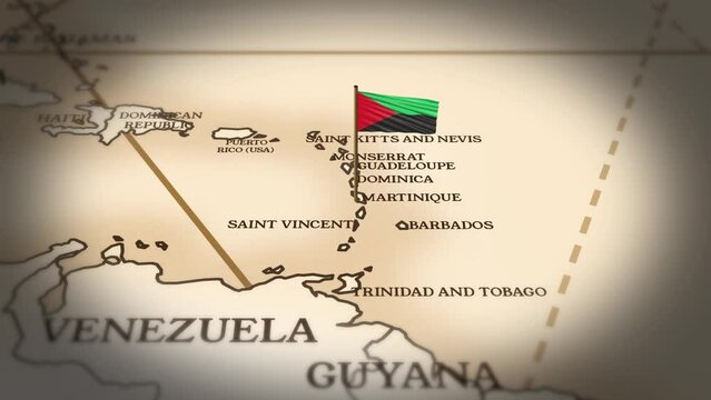 Martinique flag showing on world map with 3D rendering