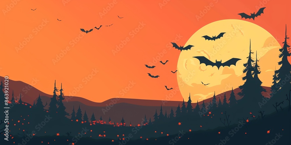 Aufkleber half moon with bats flat design side view theme halloween animation tetradic color scheme