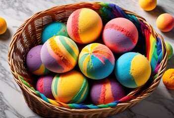 vibrant rainbow bath bombs displayed basket, lgbtq, pride, colorful, love, equality, colors, beauty, skincare, relaxation, spa, wellness, luxury, treat