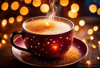 steamy hot drink surrounded sparkling fairy lights, beverage, warm, cup, mug, coffee, latte, cappuccino, espresso, twinkling, glowing, magical, enchanting