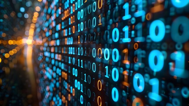 Floating Digital Interface with Blurred Binary Numbers in Abstract Background