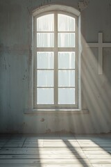 Fototapeta premium A quiet church room with a large window and a cross on the wall